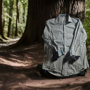 Bugatchi Mens 16.5 32/33 Green Blue Striped Dress Button Long Sleeve Shirt 813‎